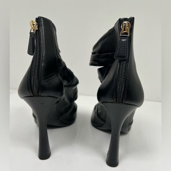 Chanel Ruched Open Toe Leather Camellia Booties Black - Picture 3 of 5